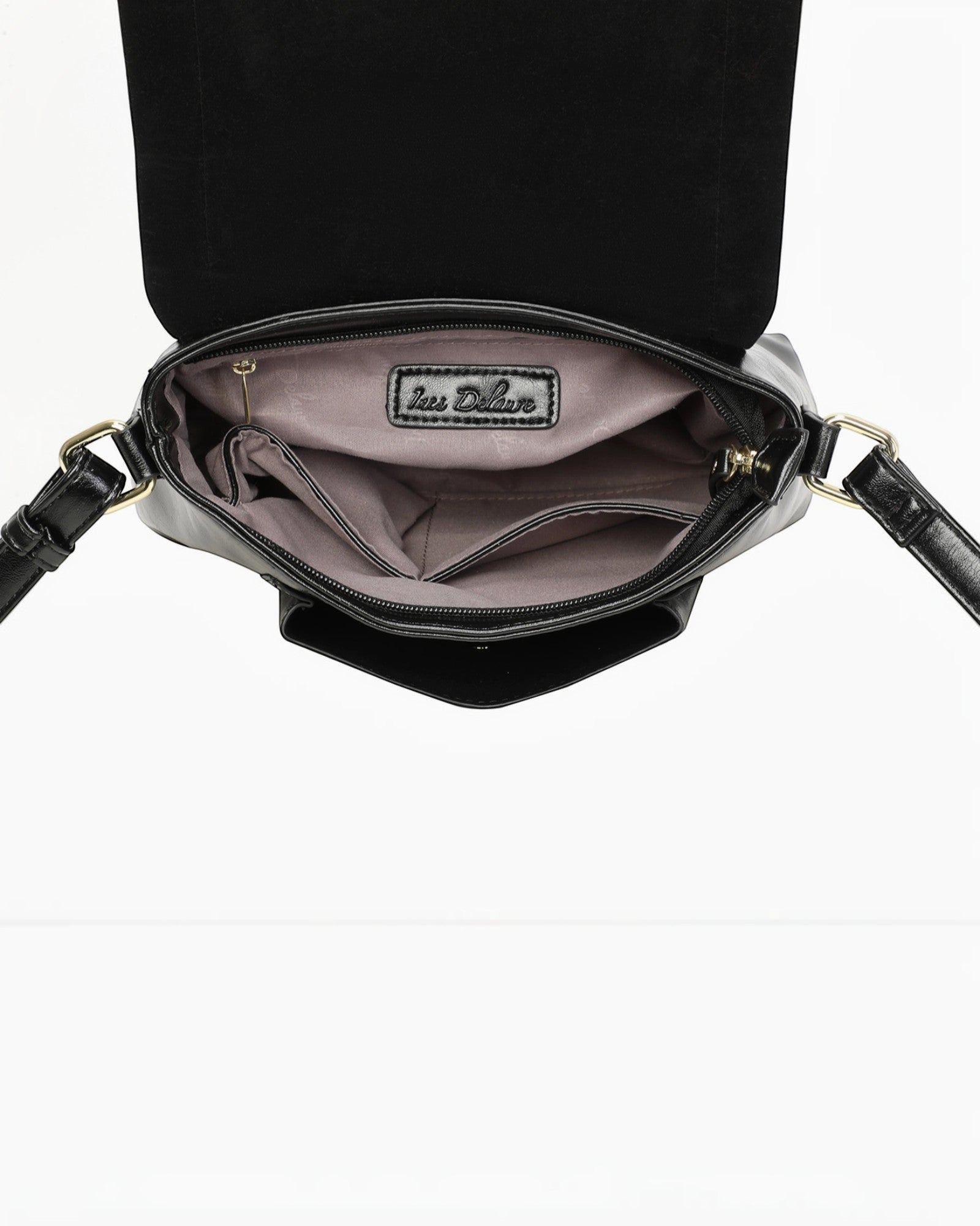 Sac bandoulière noir INES DELAURE en PU avec fermeture zippée et rabat, poches intérieures et extérieures.