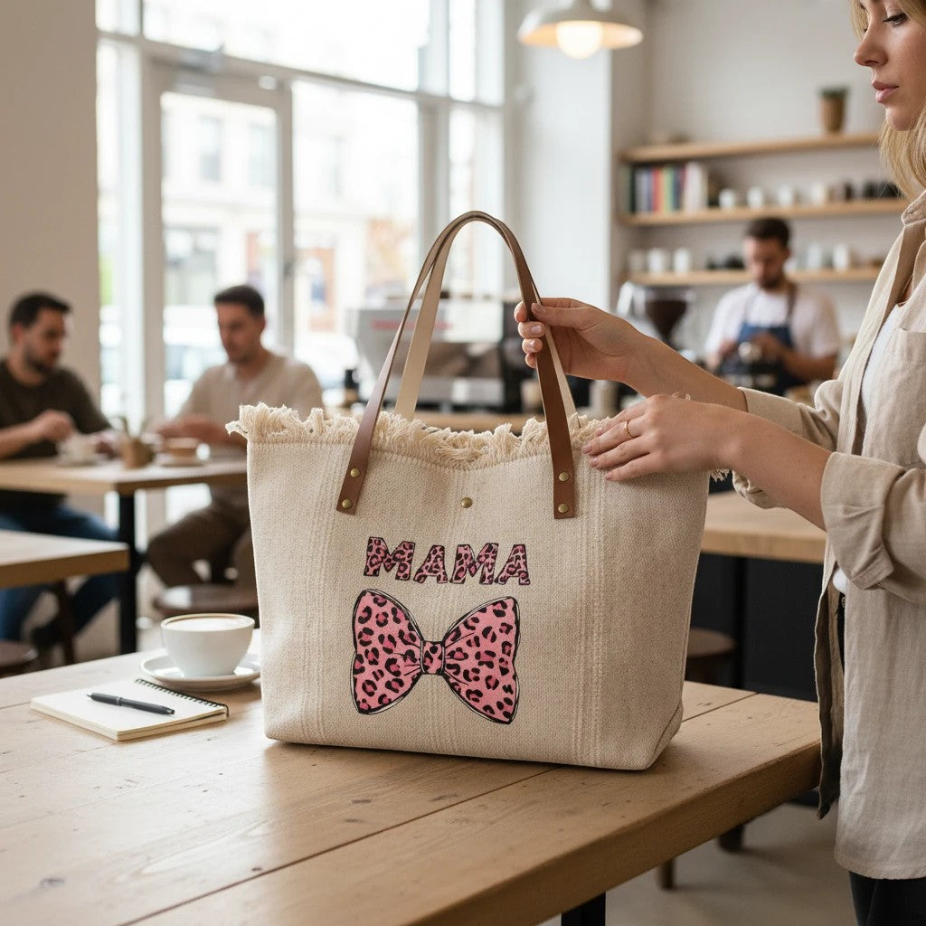 Sac cabas BROCK LOUISA LEE en coton beige avec anses en cuir et motif nœud léopard rose, tenu par une femme en café.