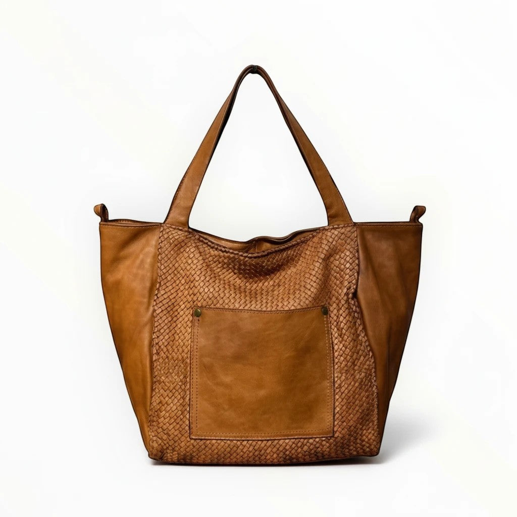 Sac cabas BROCK LOUISA LEE Mariana en cuir de vachette marron tressé washed, fabriqué en Italie, grand format.