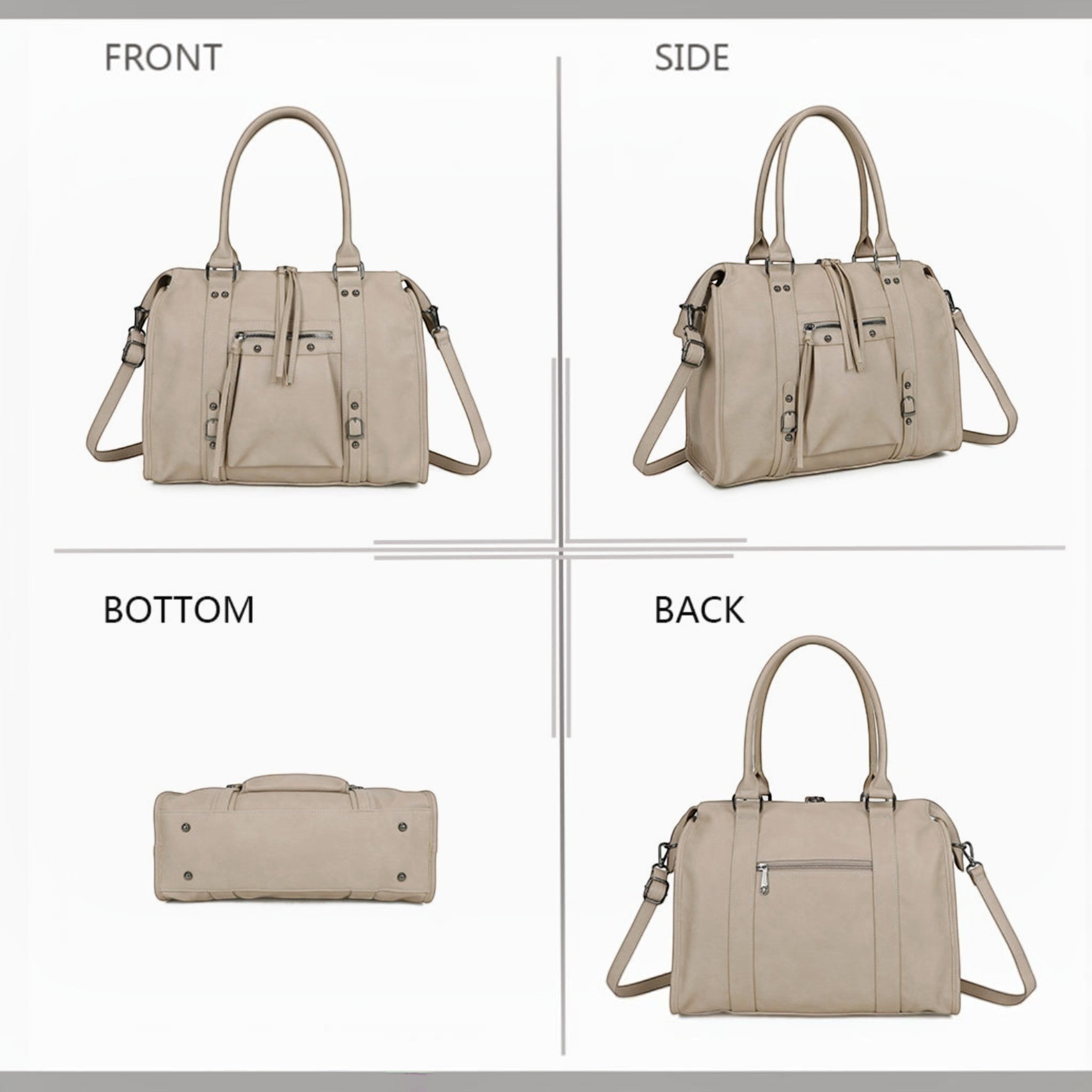 Sac cabas beige BROCK GALLANTRY en simili cuir mat avec anses, bandoulière et détails métalliques dorés.
