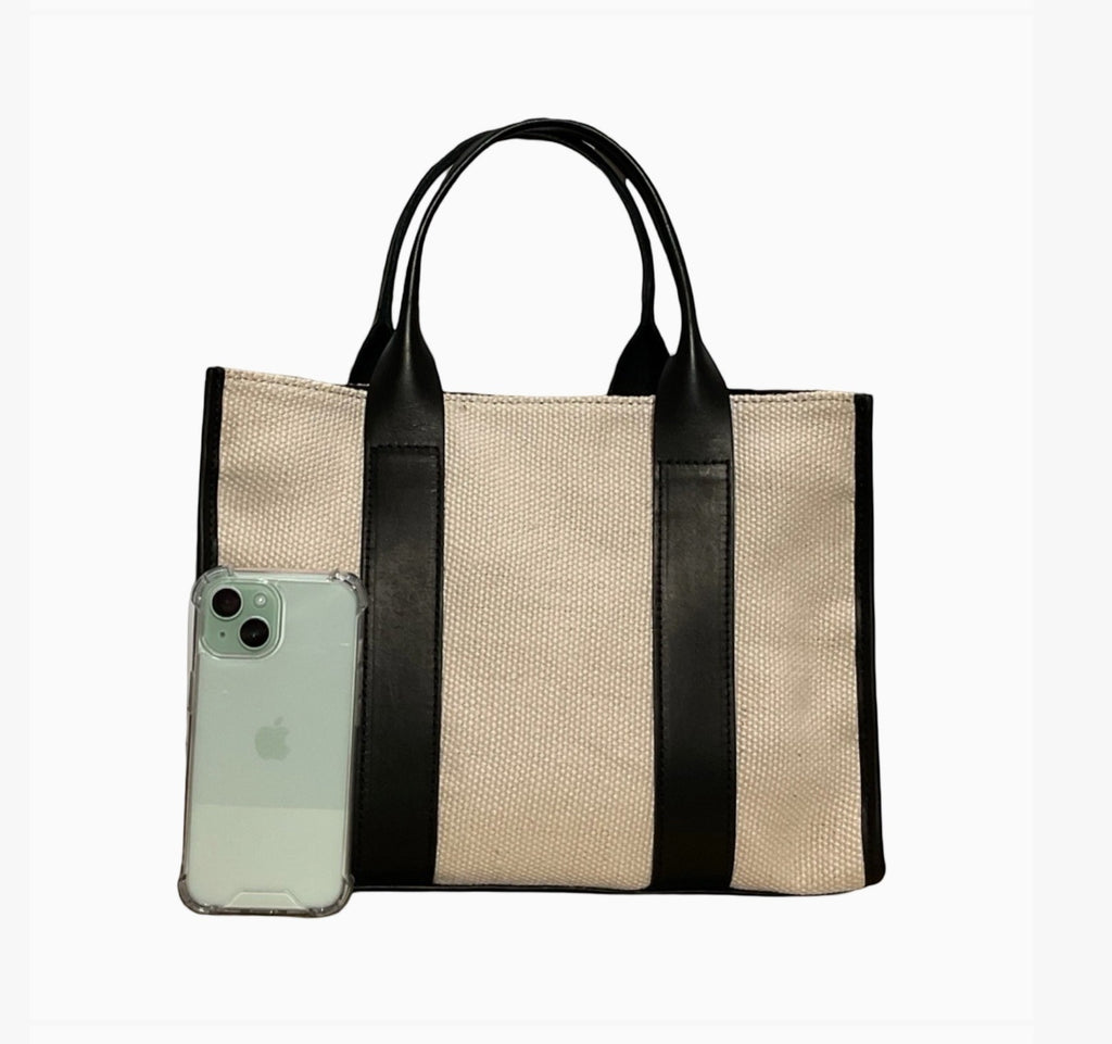 Grand sac cabas  LOUISA LEE en toile de lin beige et cuir de vachette noir, fabriqué à la main en Italie.