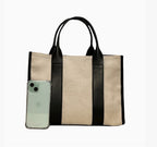 Grand sac cabas  LOUISA LEE en toile de lin beige et cuir de vachette noir, fabriqué à la main en Italie.