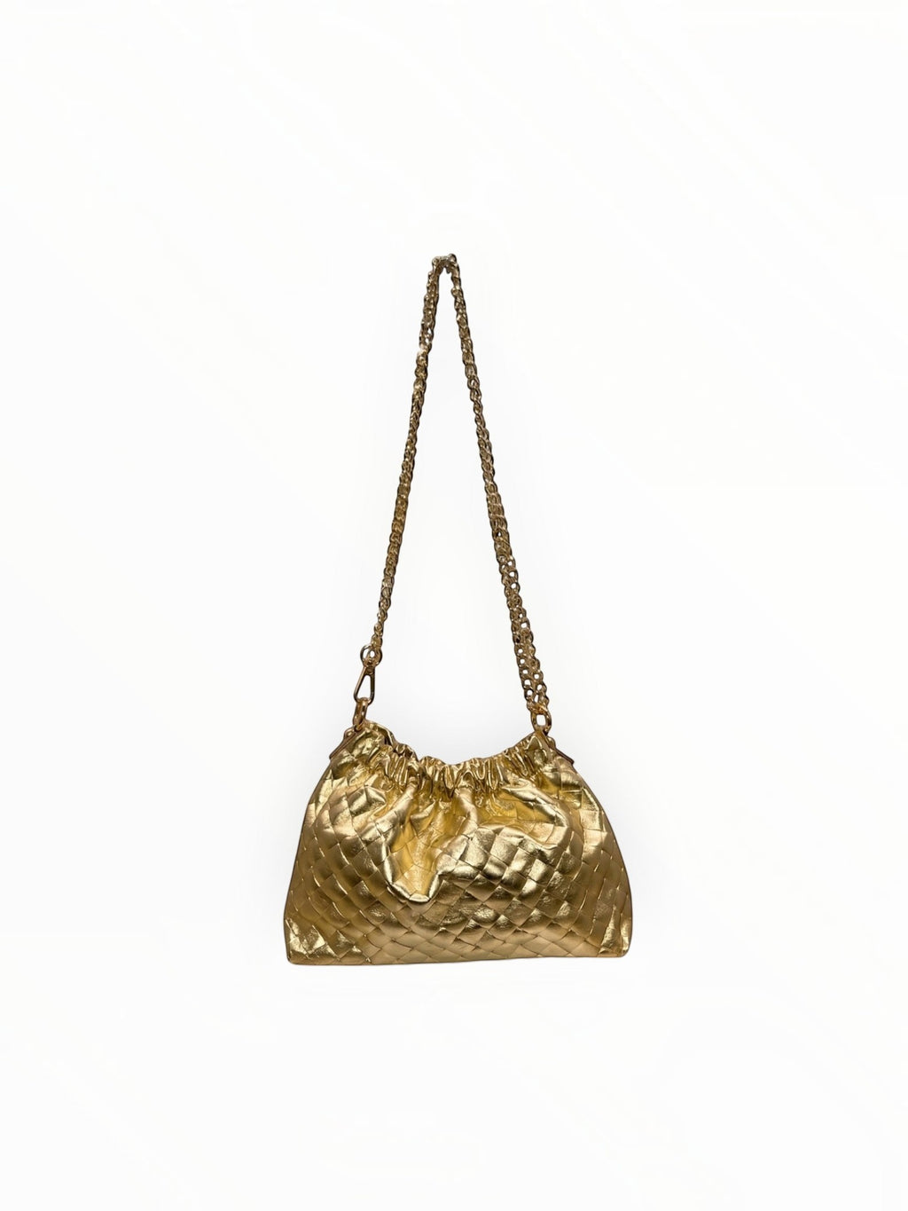 Sac à main  LOUISA LEE en cuir de vachette irisé doré avec effet plissé et bandoulière chaîne élégante