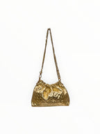 Sac à main  LOUISA LEE en cuir de vachette irisé doré avec effet plissé et bandoulière chaîne élégante