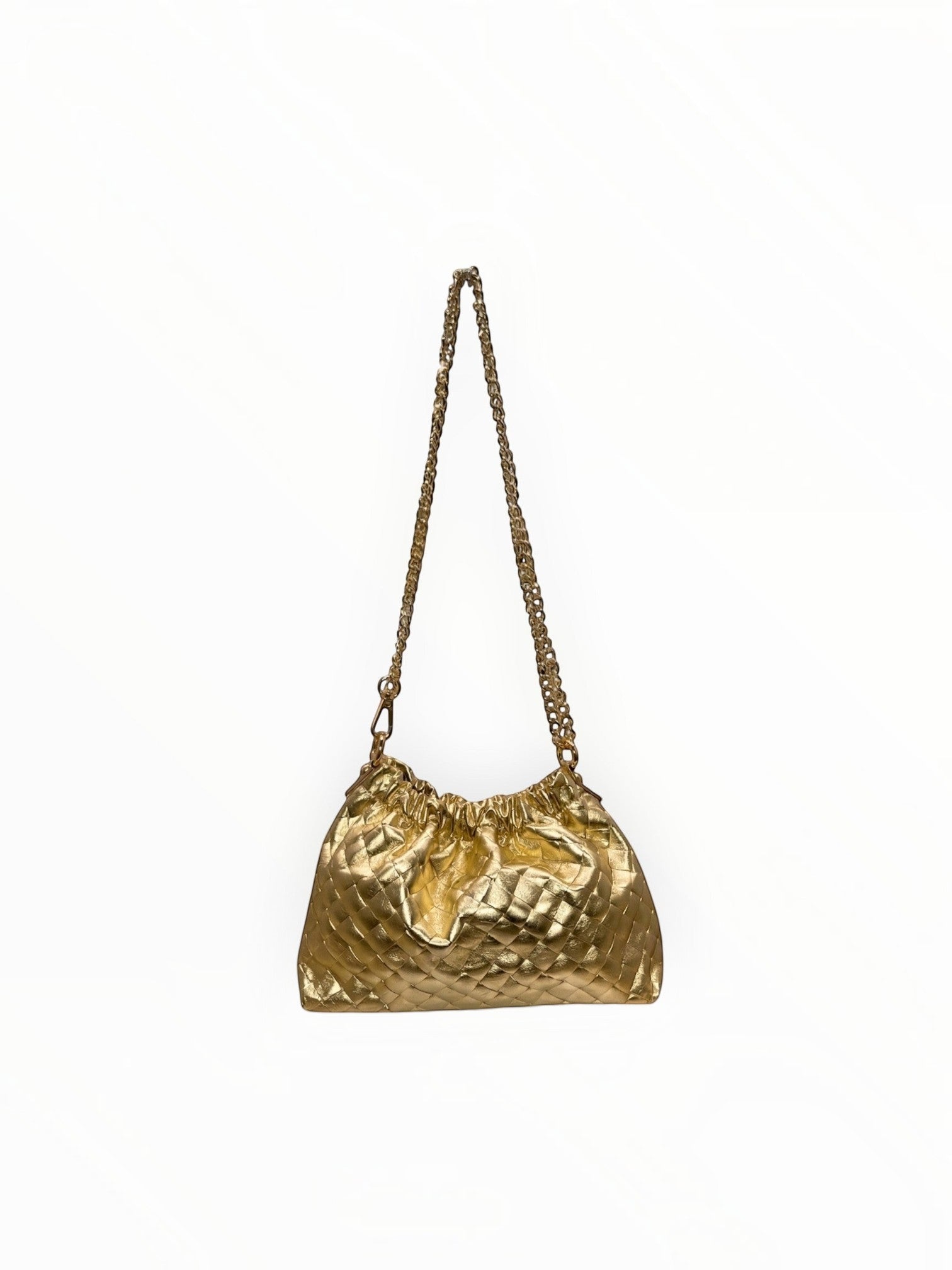 Sac à main  LOUISA LEE en cuir de vachette irisé doré avec effet plissé et bandoulière chaîne élégante