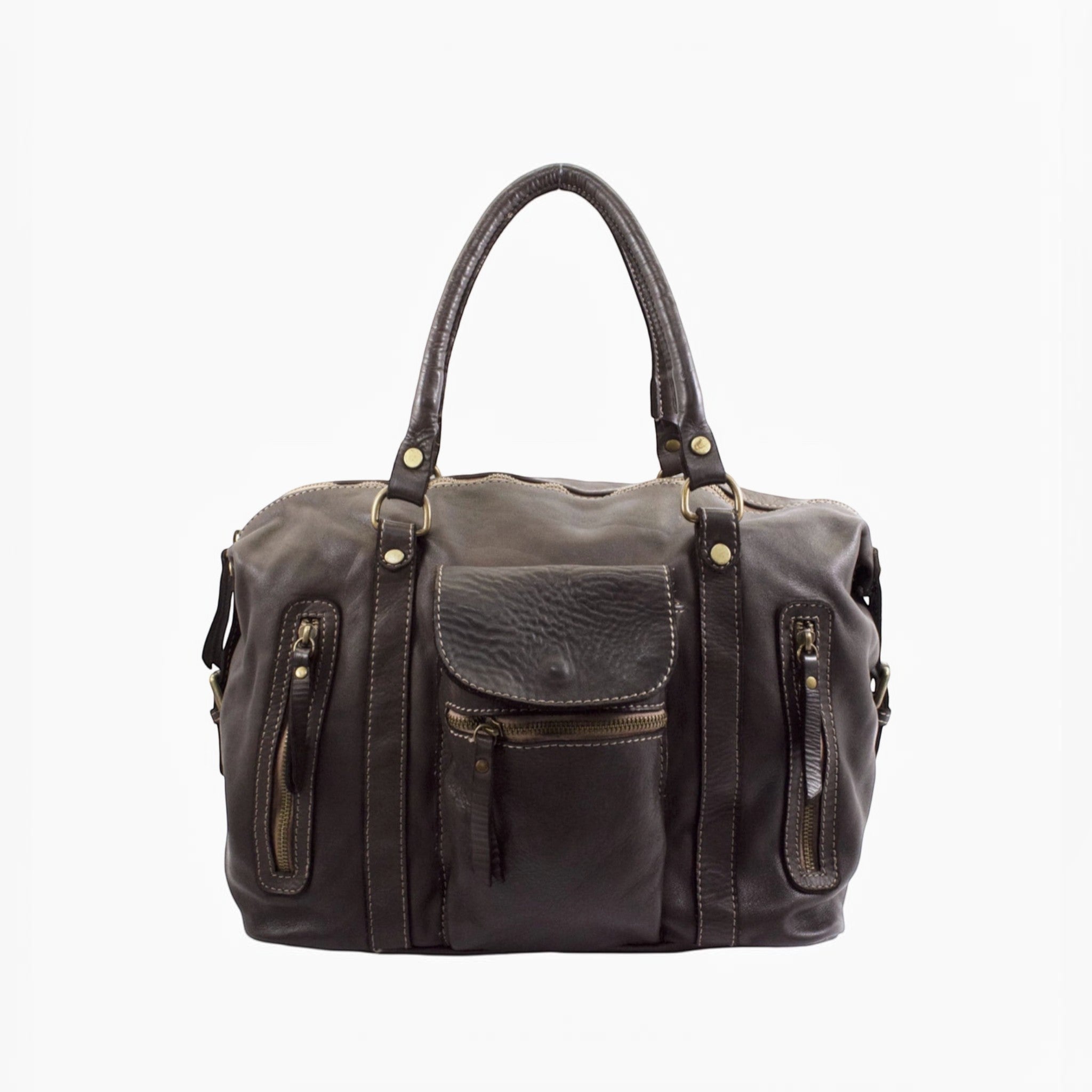 Grand cabas Margot LOUISA LEE en cuir de vachette washed marron avec poches zippées, vendu par