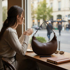 Femme avec sac épaule LOUISA LEE Elena en cuir marron lisse, style demi-lune, posé sur une table de café chez BROCK.