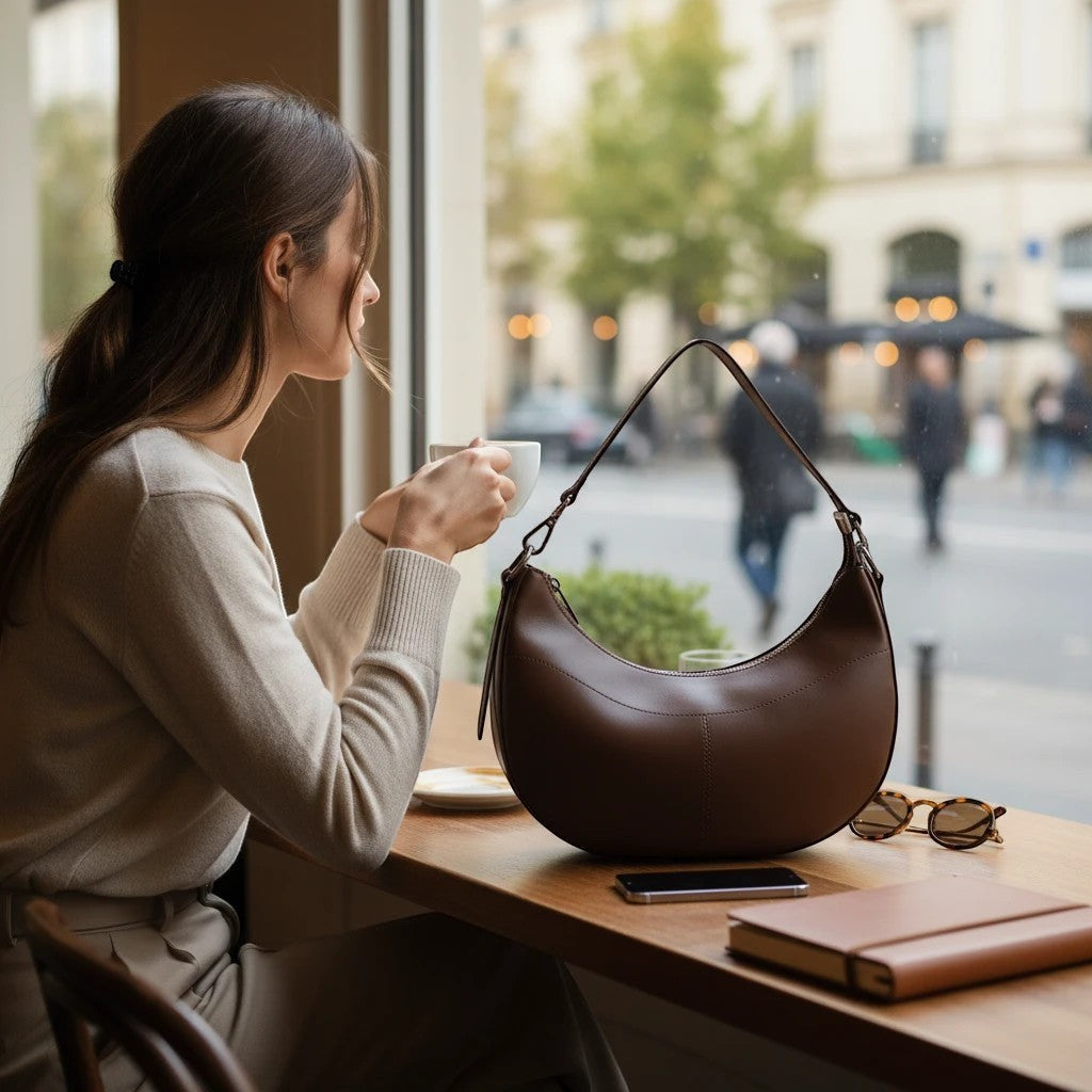 Femme avec sac épaule LOUISA LEE Elena en cuir marron lisse, style demi-lune, posé sur une table de café chez BROCK.