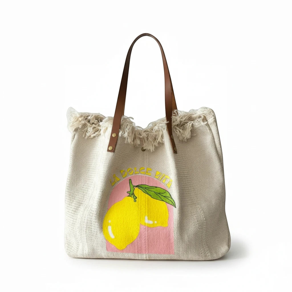 BROCK Sac fourre-tout en toile crème avec imprimé citron et garniture en cuir, anses marron, franges décoratives