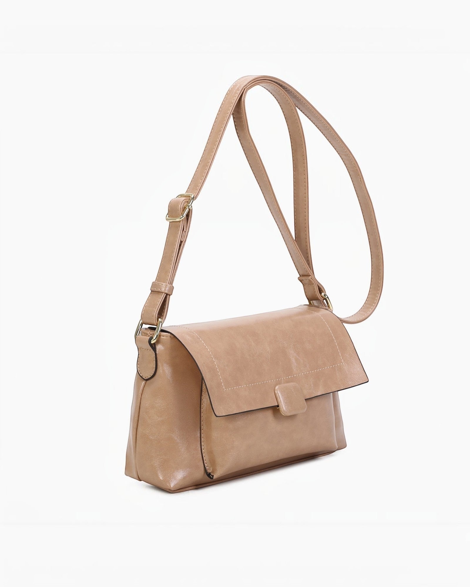 Sac bandoulière INES DELAURE en PU beige avec fermeture zippée et rabat, idéal pour un usage quotidien.