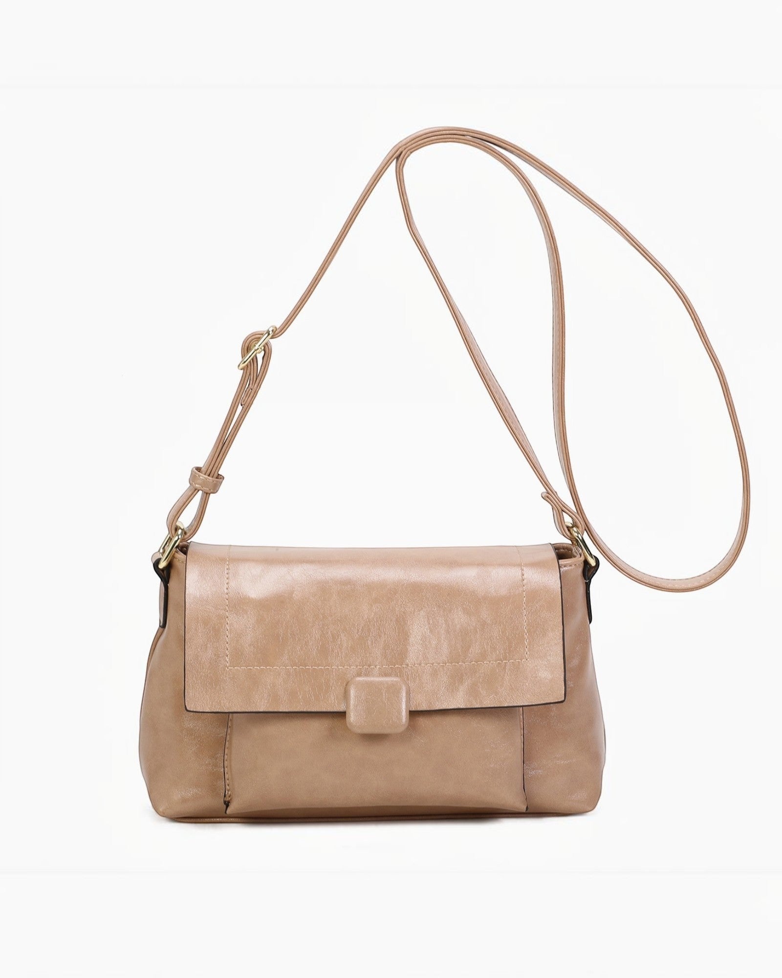 Sac bandoulière zippé à rabat INES DELAURE en PU beige avec poche extérieure et fermeture sécurisée. Marque BROCK.