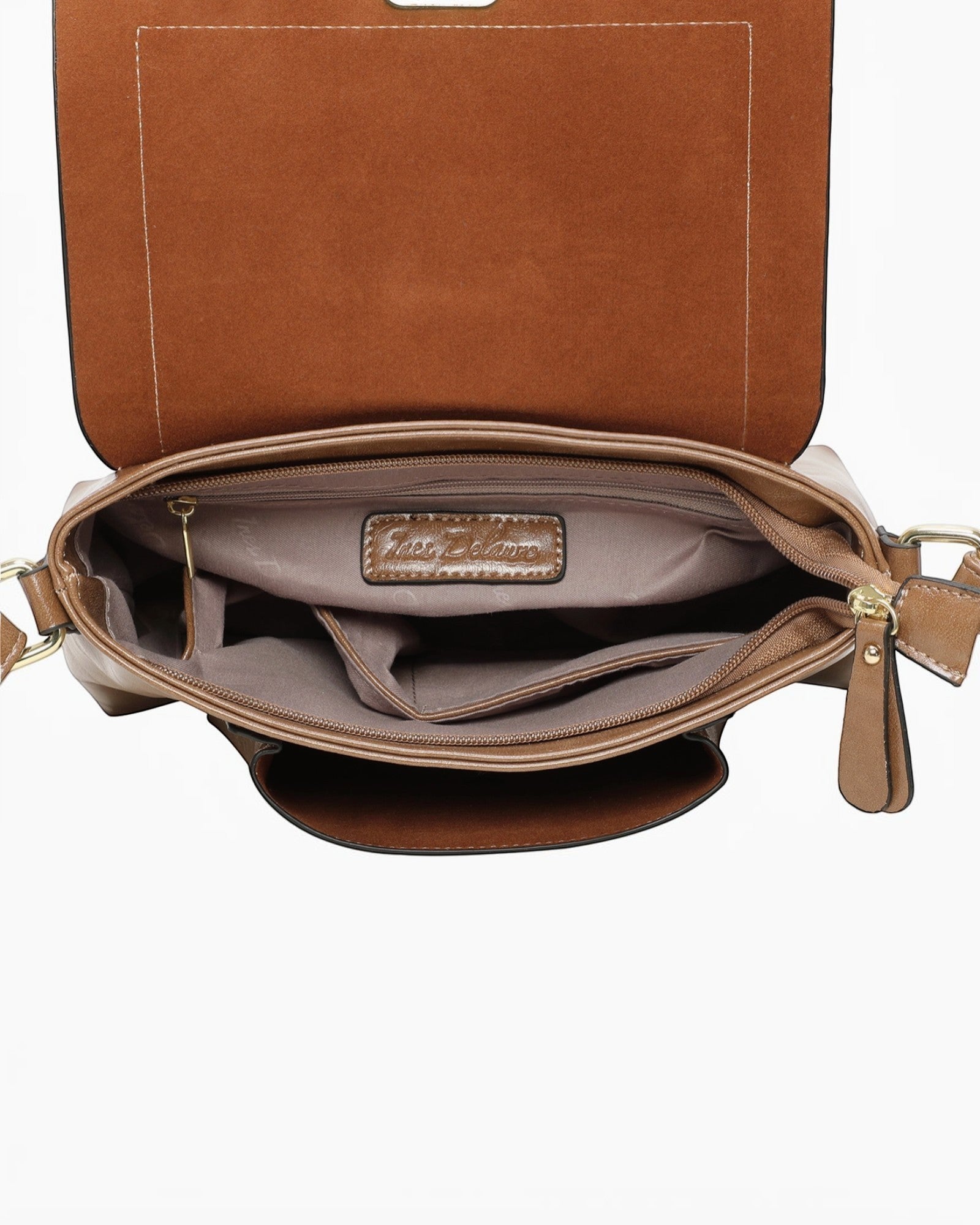 Sac bandoulière marron INES DELAURE en PU avec fermeture zippée et rabat, poches intérieures et extérieures.