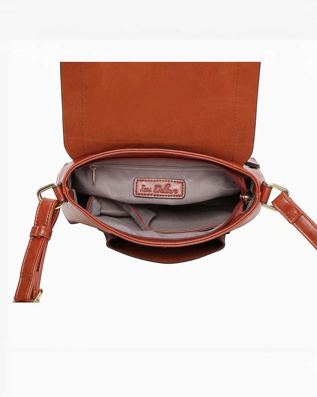 Sac bandoulière marron en PU INES DELAURE avec fermeture zippée et rabat, poches intérieures et extérieures.
