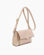 Sac bandoulière rose pâle INES DELAURE en PU, fermeture zippée et rabat, idéal pour le quotidien.