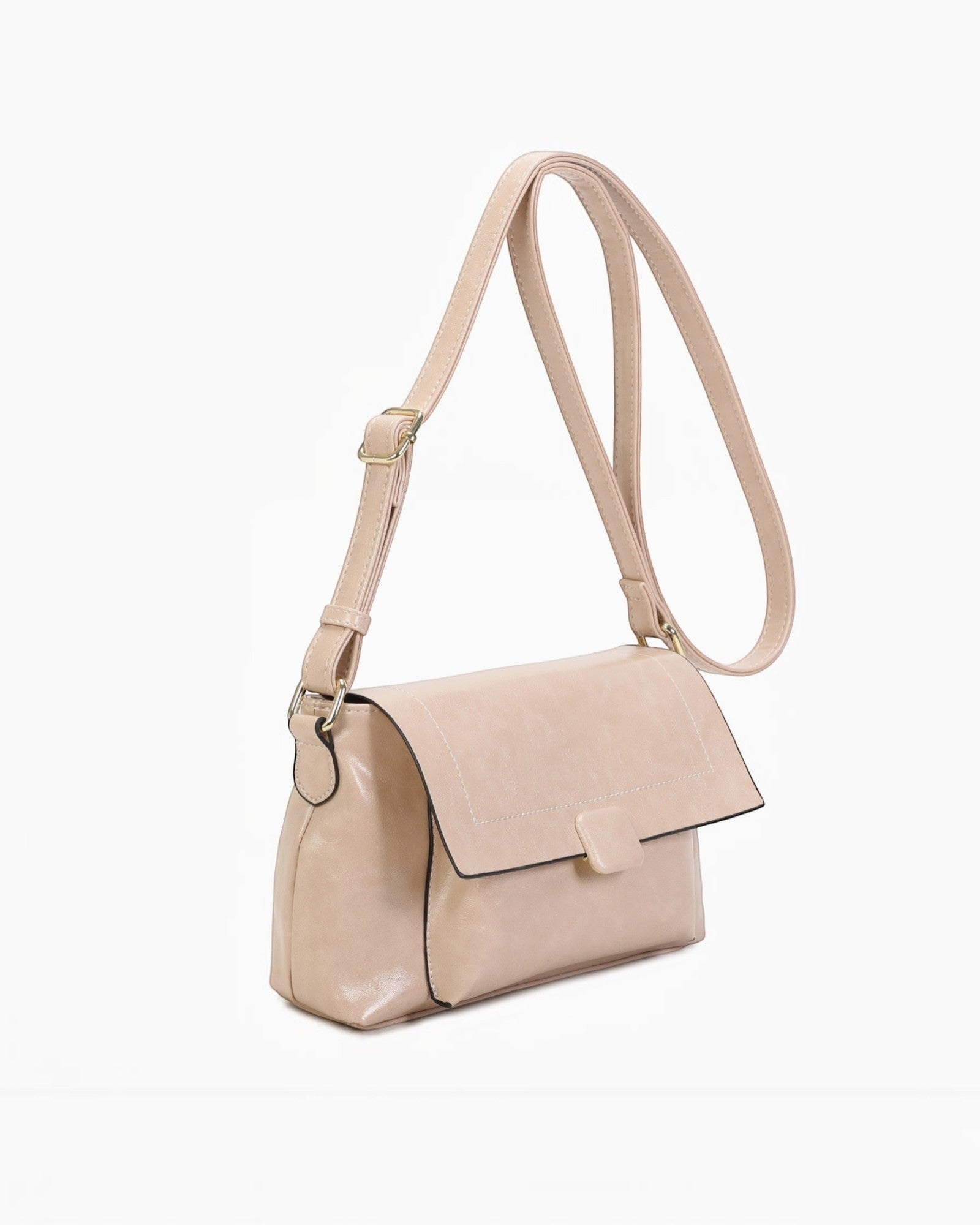 Sac bandoulière rose pâle INES DELAURE en PU, fermeture zippée et rabat, idéal pour le quotidien.