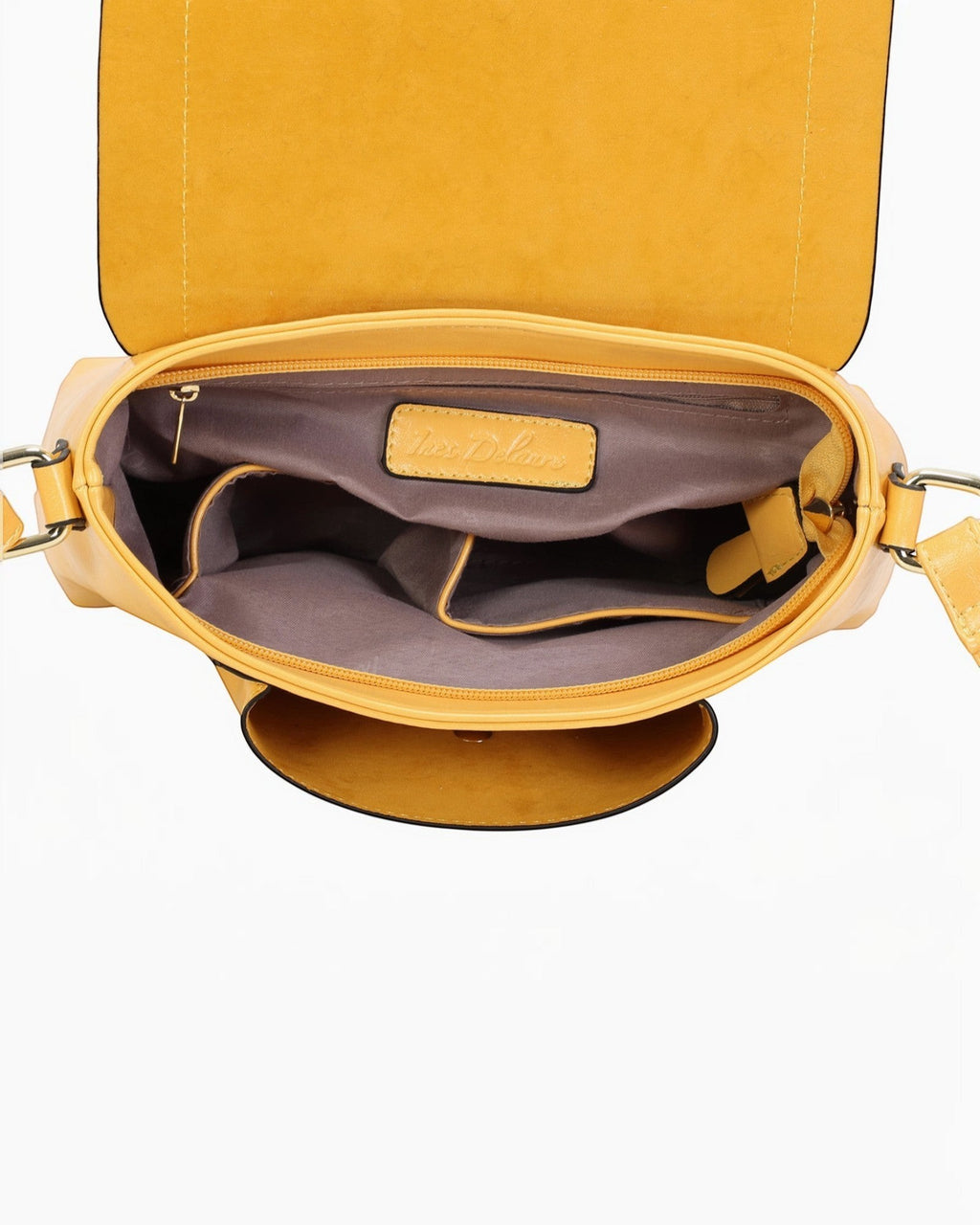 Sac bandoulière jaune moutarde INES DELAURE en PU, zippé avec rabat et poches intérieures/extérieures.