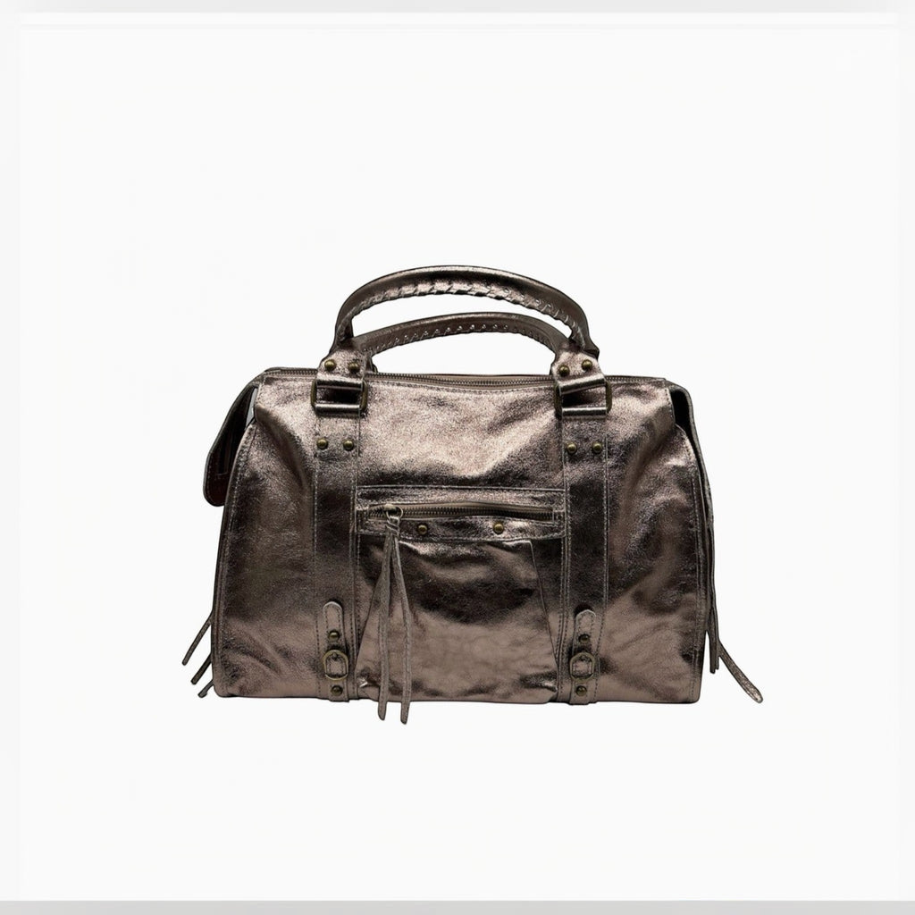 Sac à main Capucine Large LOUISA LEE en cuir irisé argenté, fabrication italienne, idéal pour ordinateur portable.