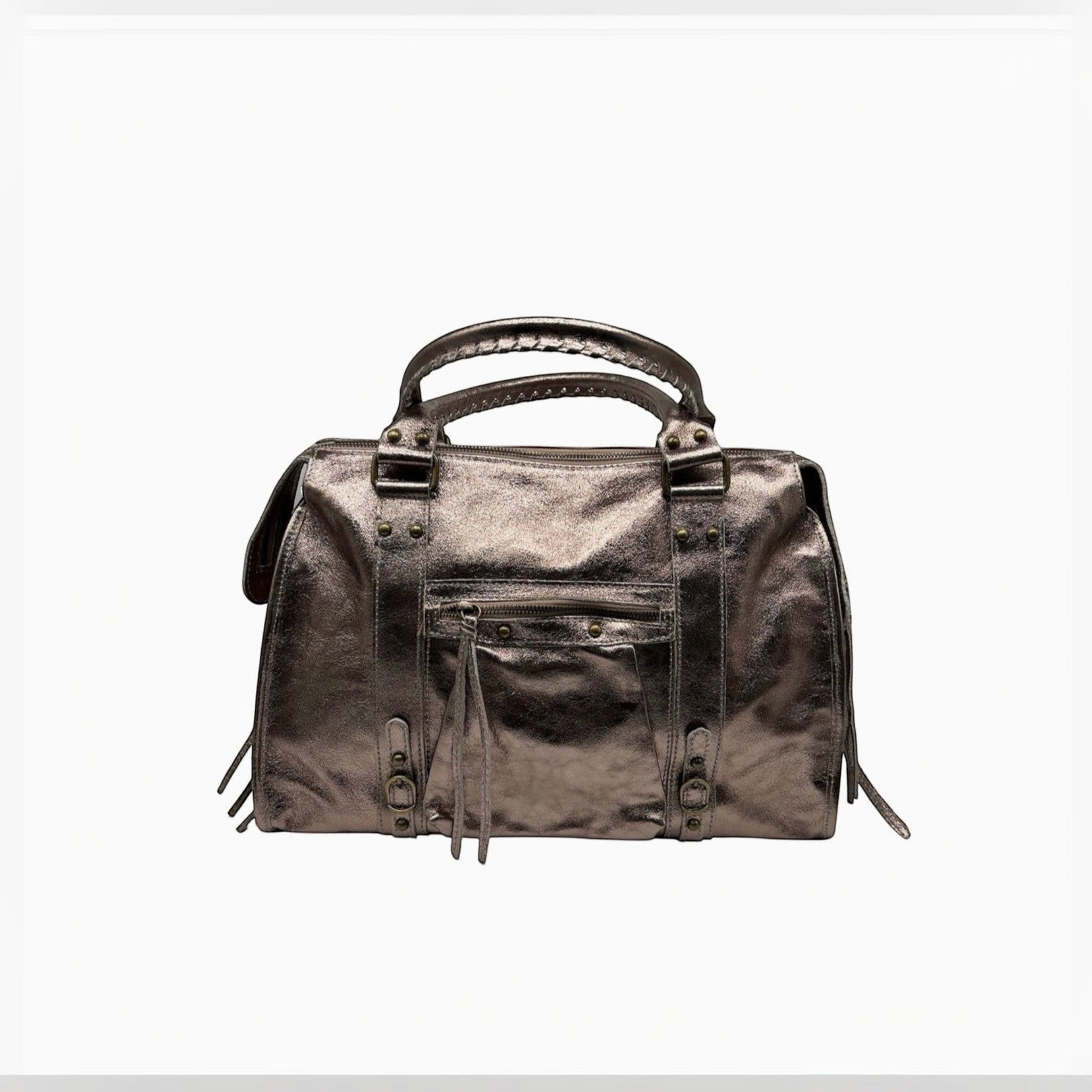 Sac à main Capucine Large LOUISA LEE en cuir irisé argenté, fabrication italienne, idéal pour ordinateur portable.