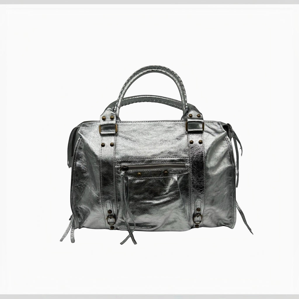 Sac à main LOUISA LEE Capucine Large argenté en cuir irisé, fabrication italienne, idéal pour ordinateur portable.