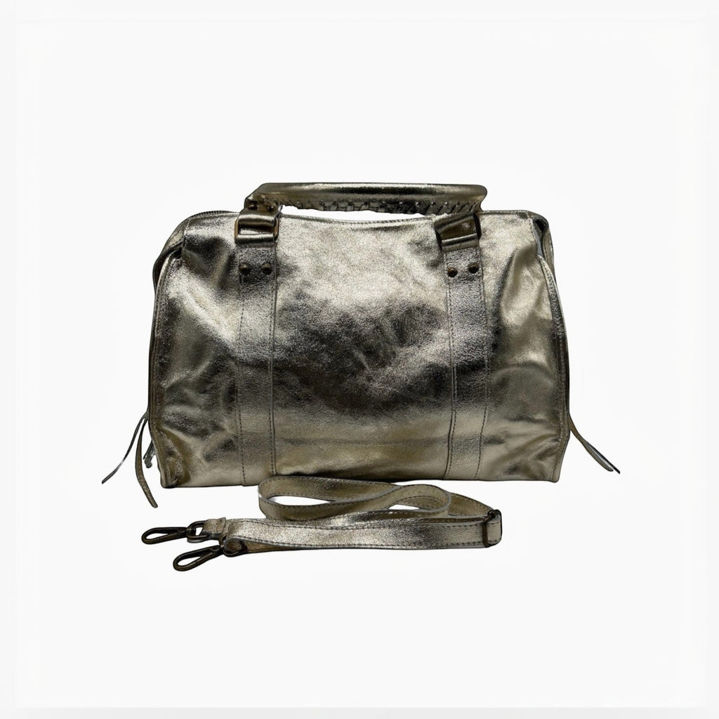 Sac à main LOUISA LEE Capucine Large en cuir irisé argenté, fabrication italienne, avec bandoulière amovible.