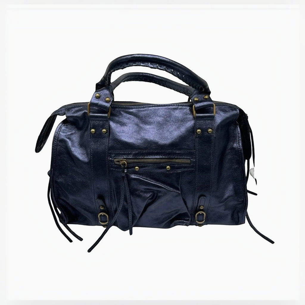 Sac à main Capucine Large LOUISA LEE en cuir irisé noir, fabrication italienne, idéal pour ordinateur portable.