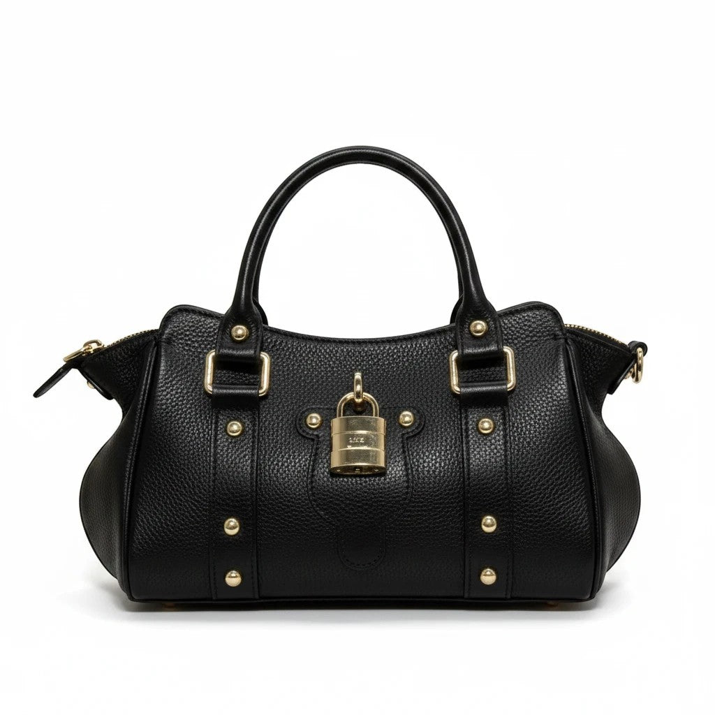 Sac à main noir BROCK LOUISA LEE en cuir de vachette grainé avec fermoir cadenas et détails dorés, fabriqué en Italie