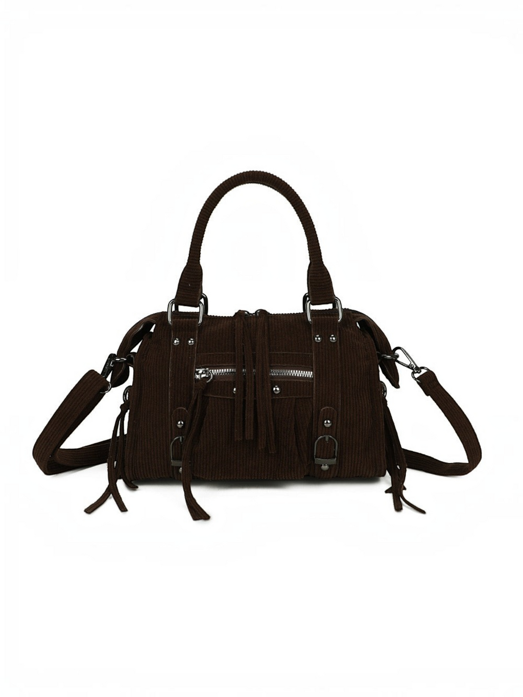 Sac à main BROCK GALLANTRY en velours côtelé marron avec détails métalliques argentés et bandoulière ajustable
