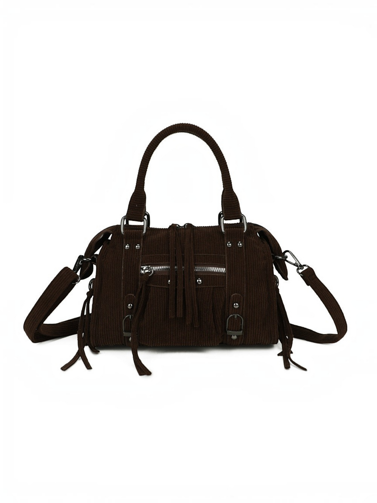 Sac à main BROCK GALLANTRY en velours côtelé marron avec détails métalliques argentés et bandoulière ajustable