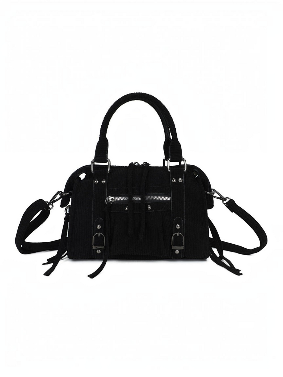 Sac à main noir BROCK GALLANTRY en velours côtelé avec boucles argentées et bandoulière ajustable