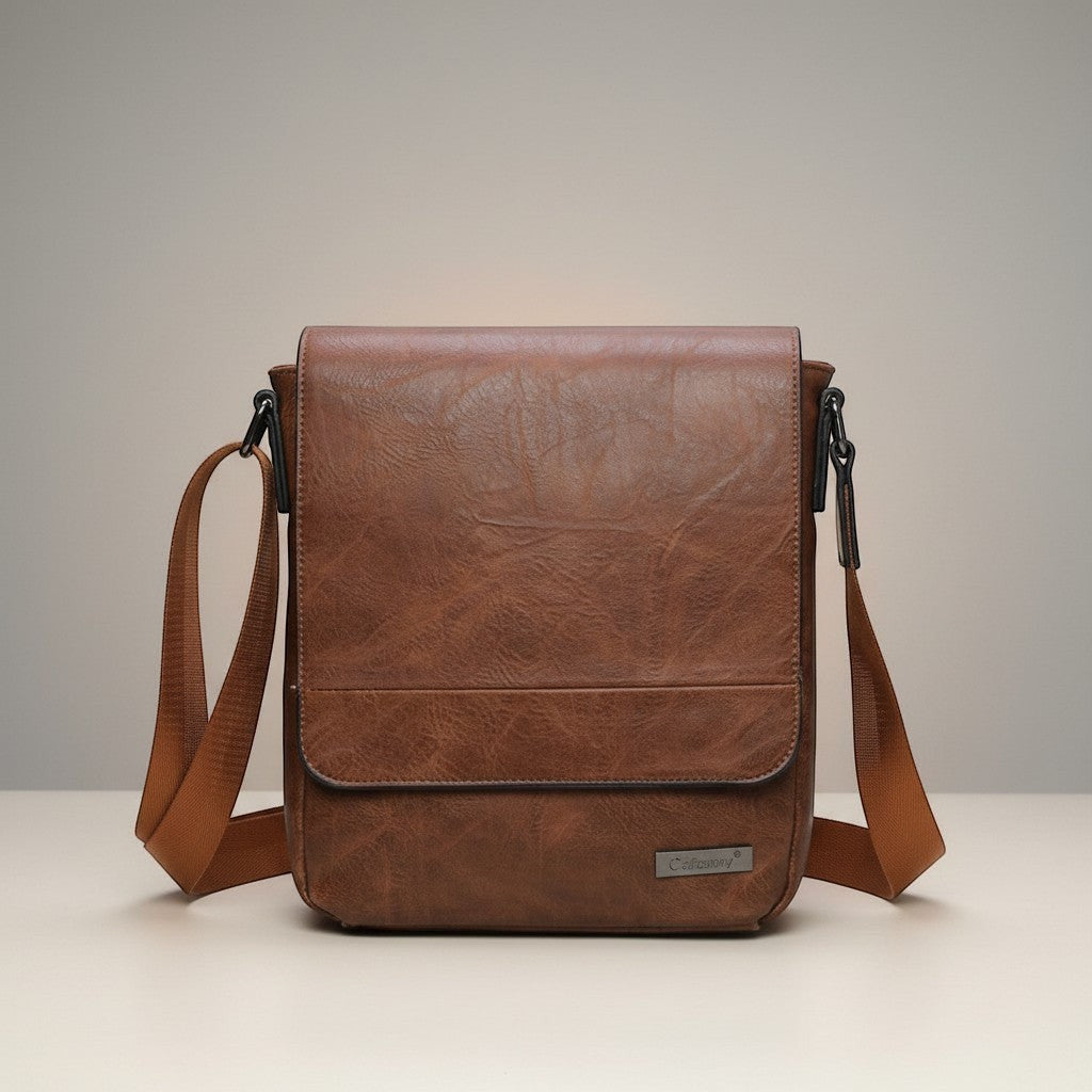 Sacoche bandoulière homme BROCK en cuir synthétique marron, avec rabat et sangle réglable.