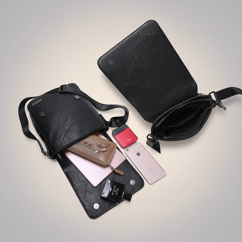 BROCK Sacoche homme en cuir synthétique noir, compartiment principal spacieux, poche zippée arrière, rabat magnétique.