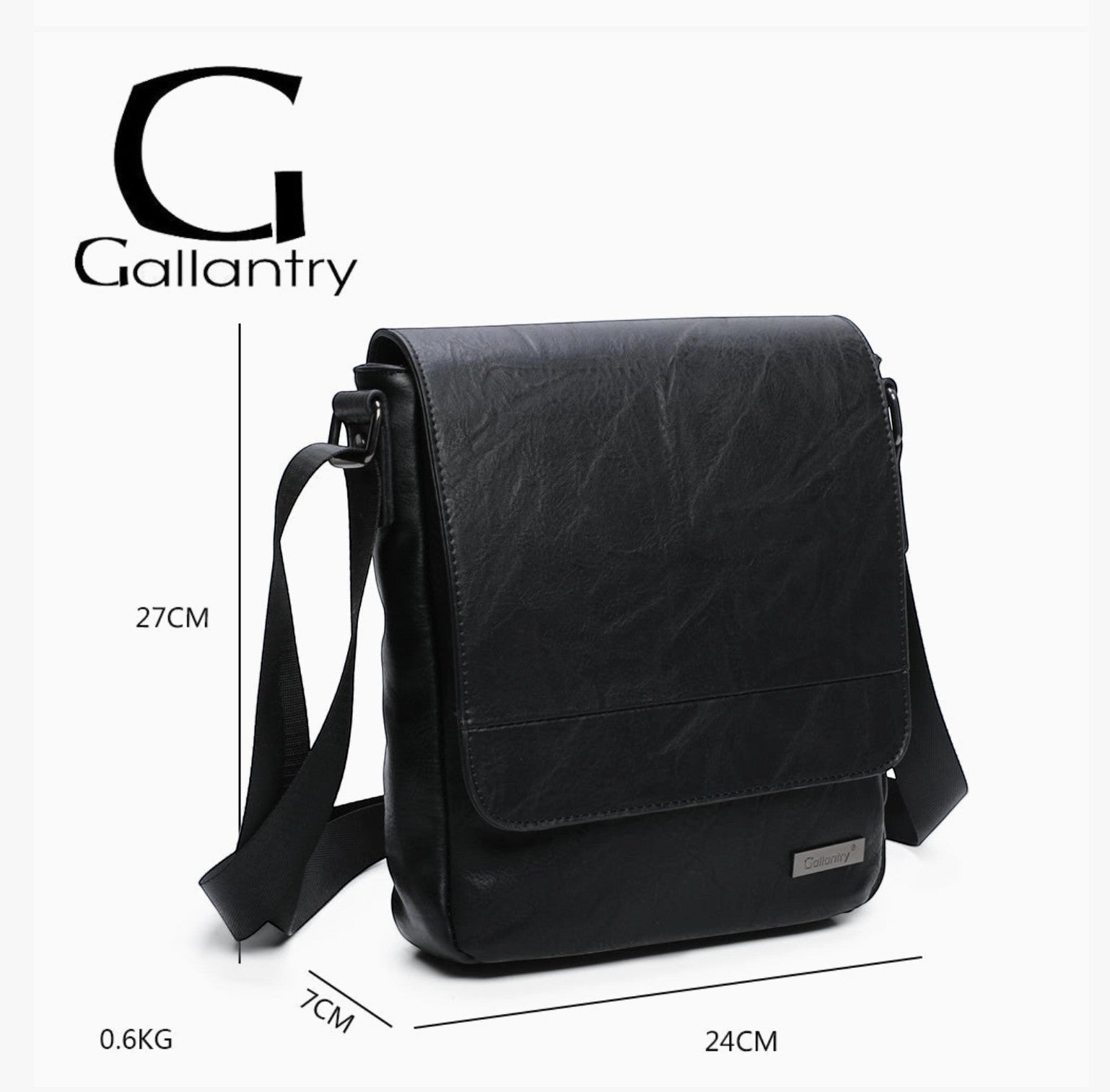 Sacoche homme Gallantry en cuir synthétique noir, bandoulière réglable, fermeture à rabat magnétique.