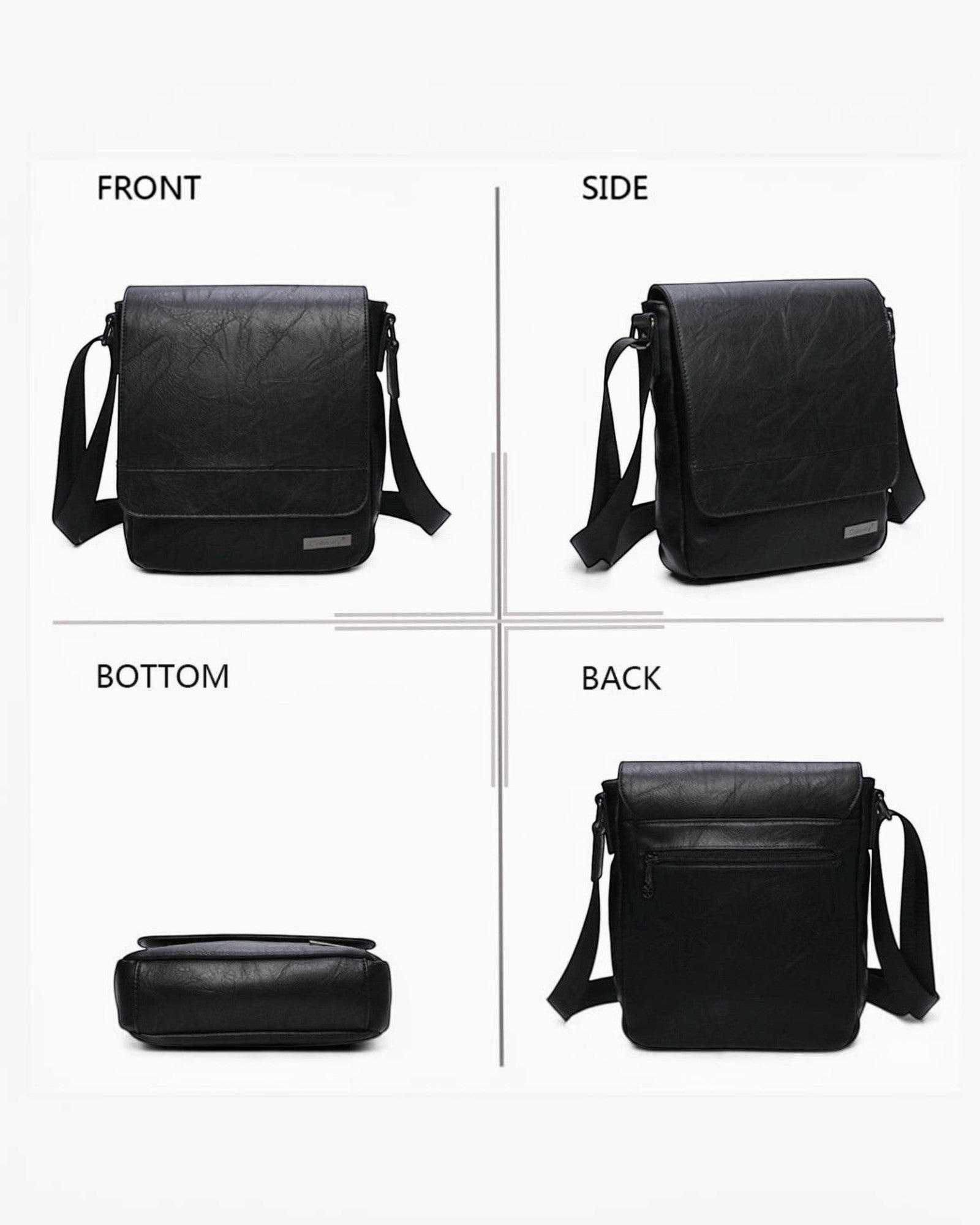 Sacoche homme Gallantry BROCK en cuir synthétique noir, bandoulière réglable, fermeture rabat magnétique, poche zippée arrière.