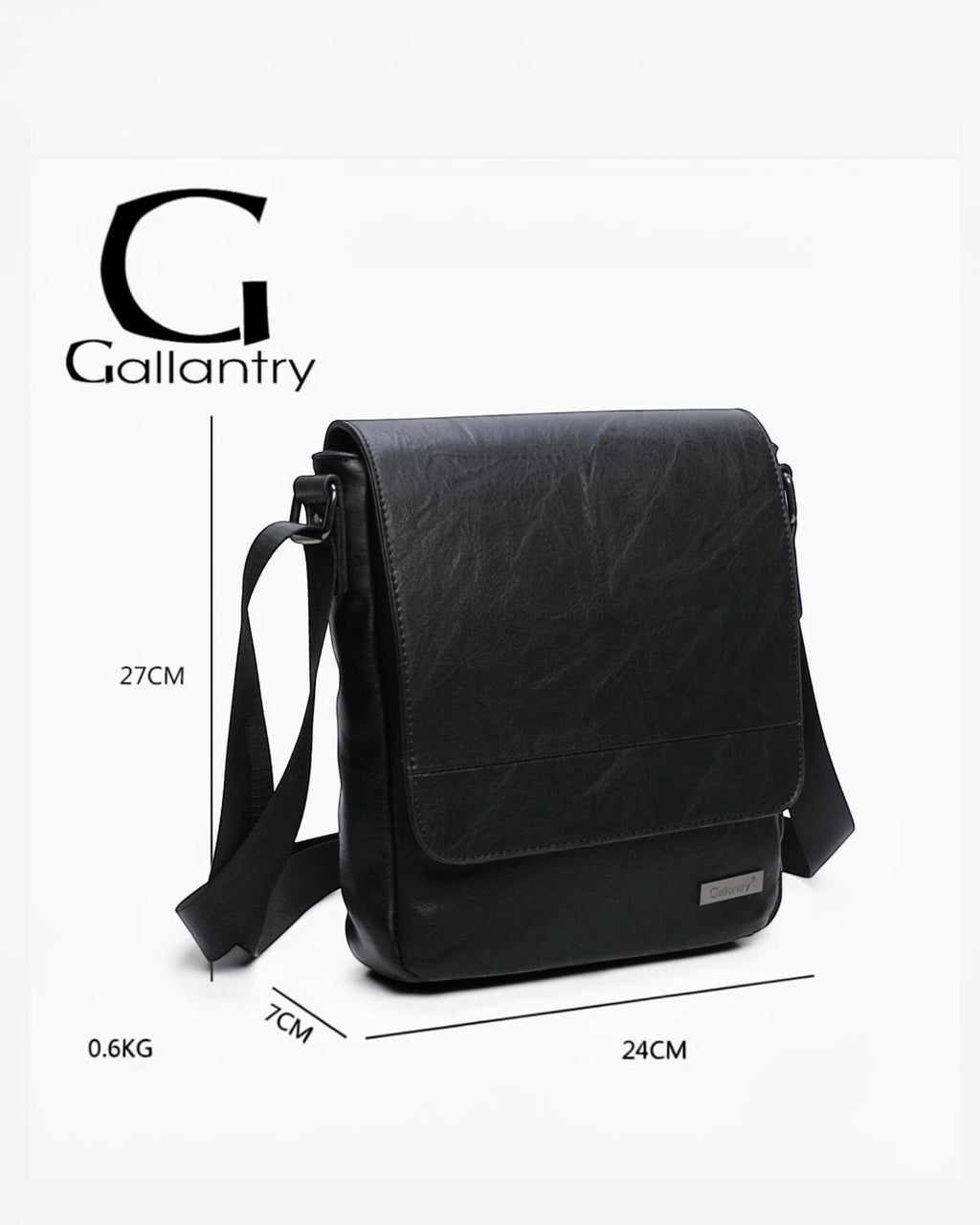 Sacoche homme Gallantry en cuir synthétique noir, bandoulière réglable, fermeture à rabat magnétique.