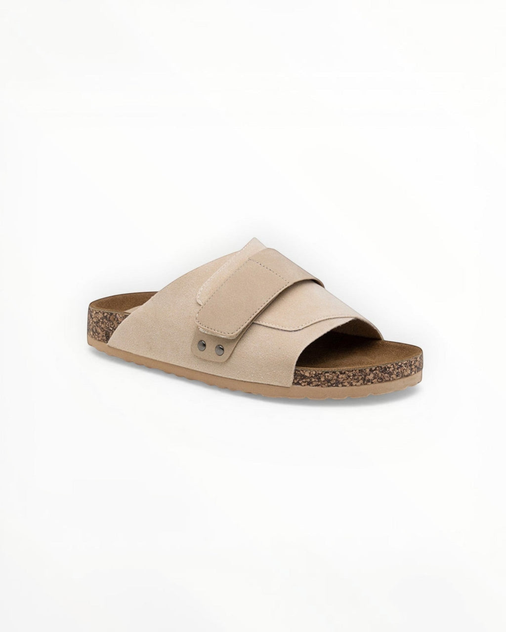 BROCK Sandales en suédine beige à bout ouvert avec bride réglable et semelle en liège. Style minimaliste.