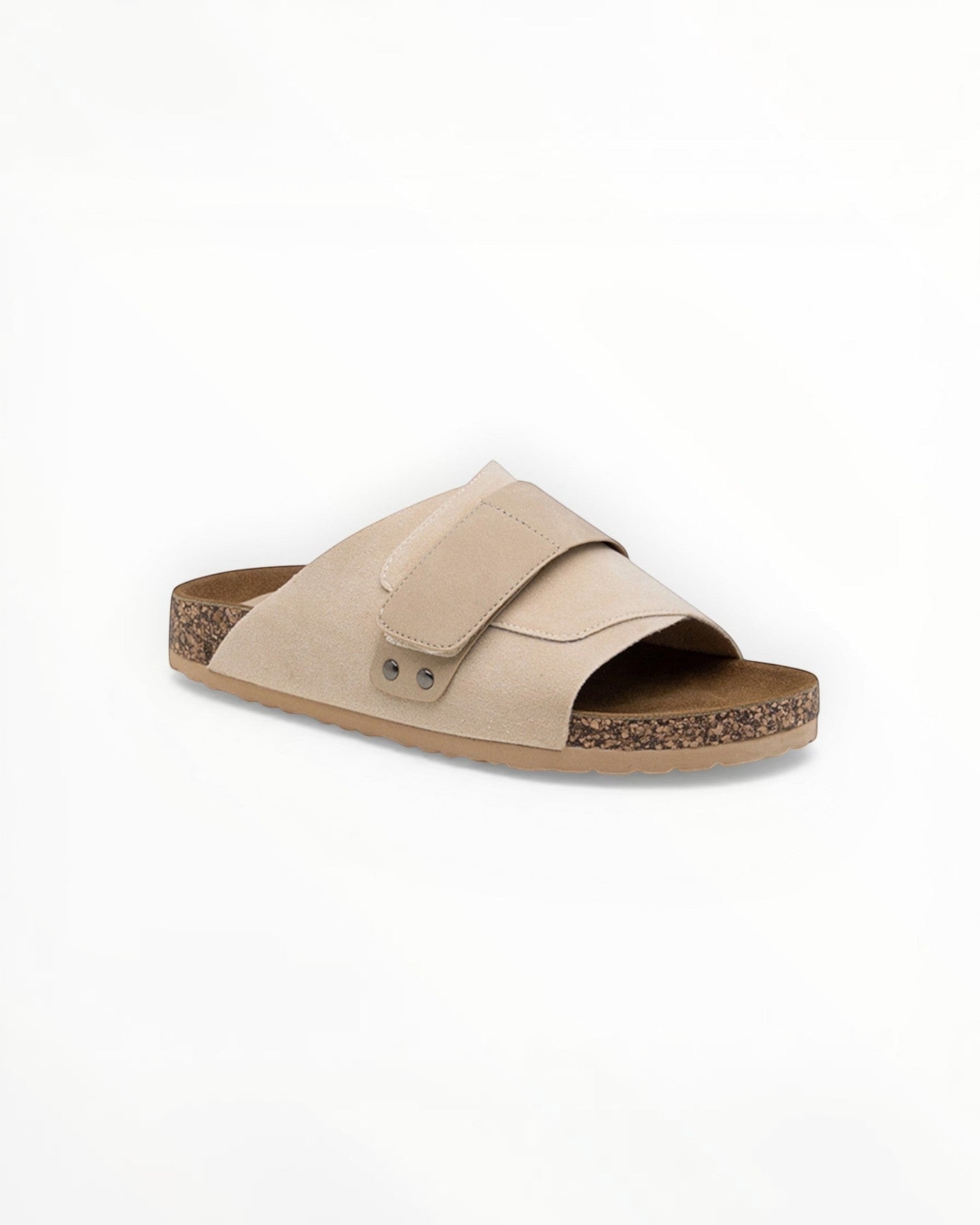 BROCK Sandales en suédine beige à bout ouvert avec bride réglable et semelle en liège. Style minimaliste.