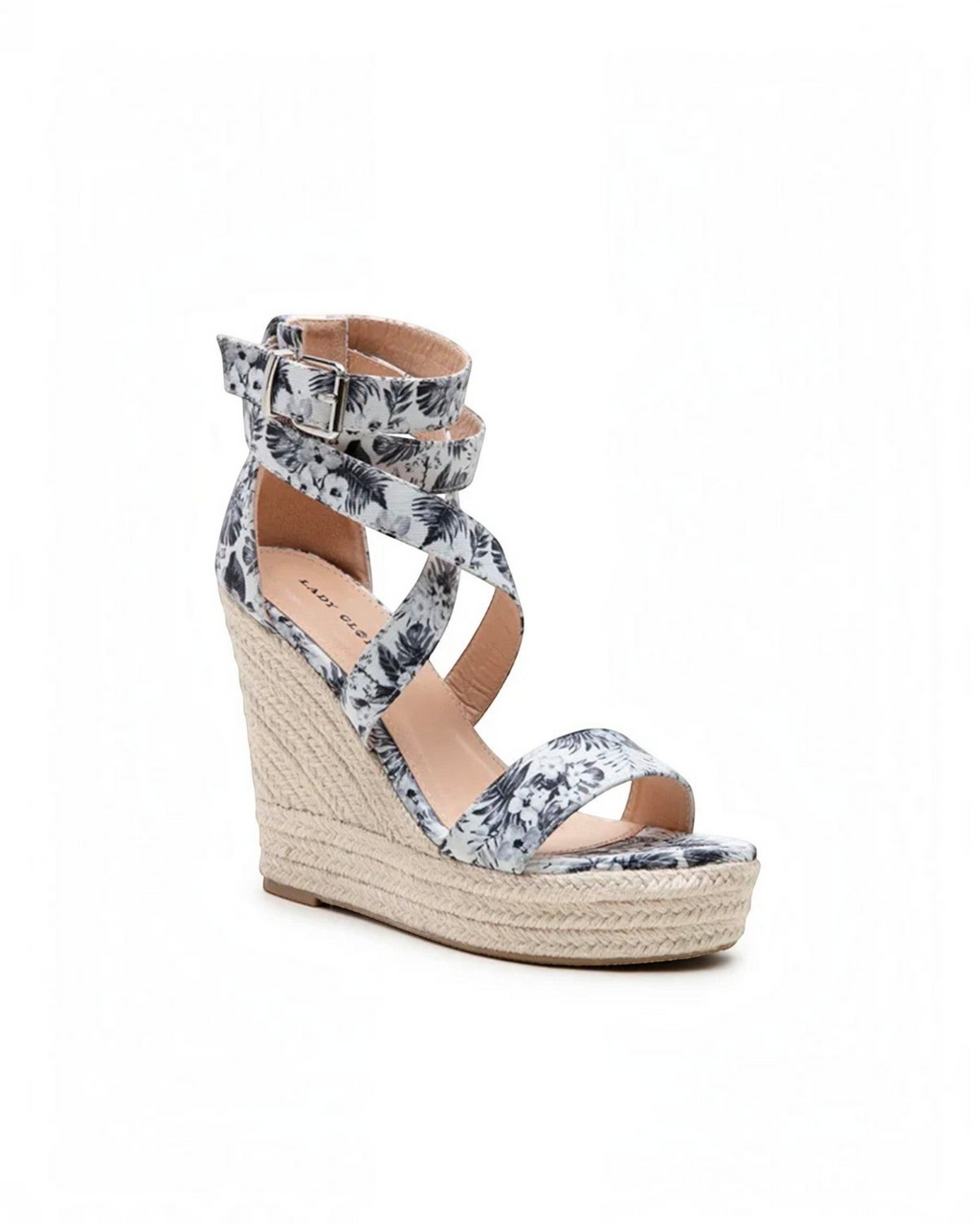 Sandales compensées BROCK LADY GLORY en tissu noir à motifs floraux avec semelle en corde tressée et bride cheville