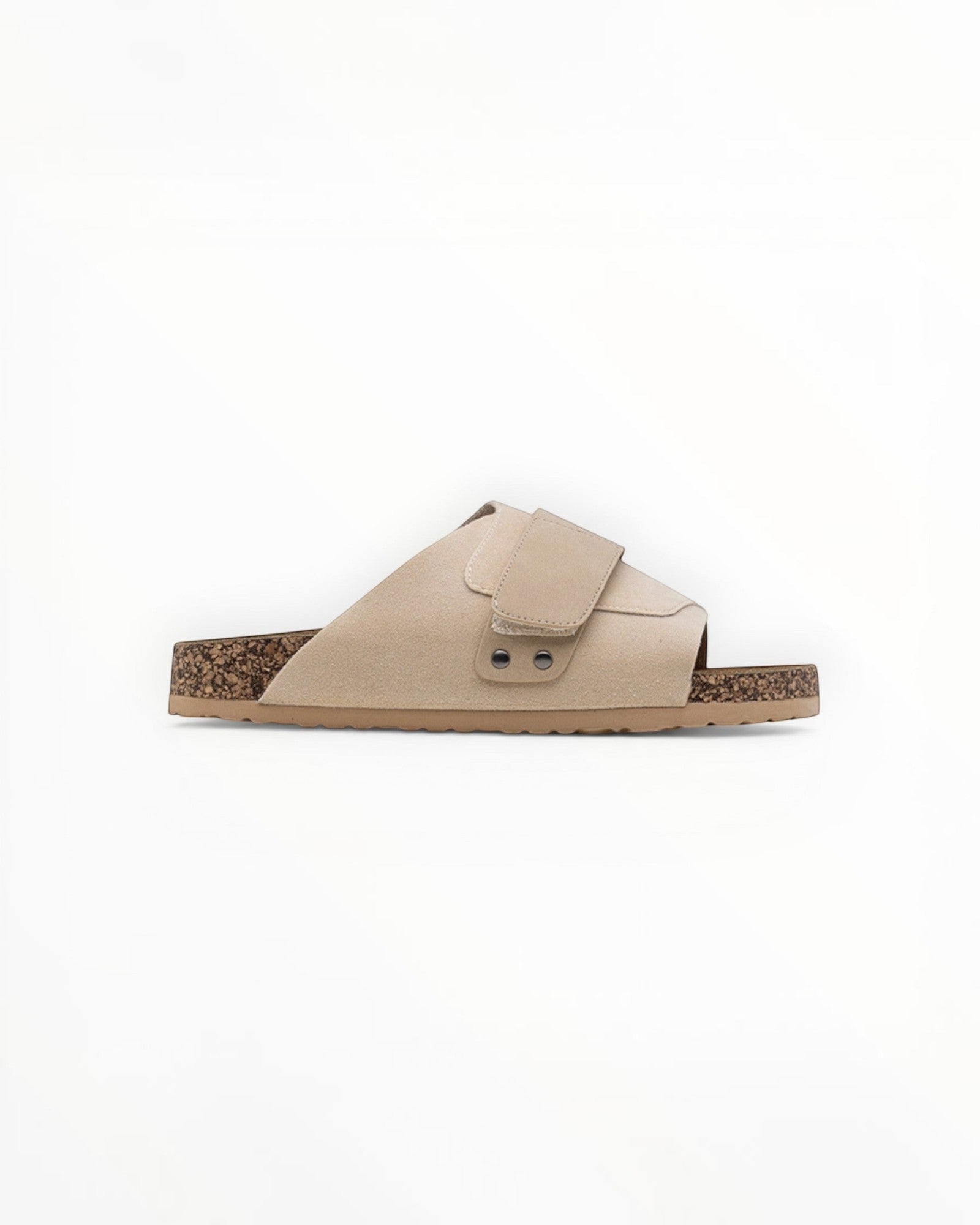 BROCK Sandales Lady Glory en suédine beige avec bride ajustable et semelle en liège, style minimaliste.