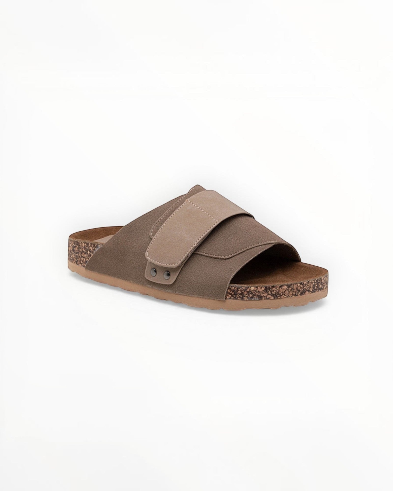 BROCK Sandales Lady Glory en suédine marron avec bride réglable et semelle en liège, style minimaliste.