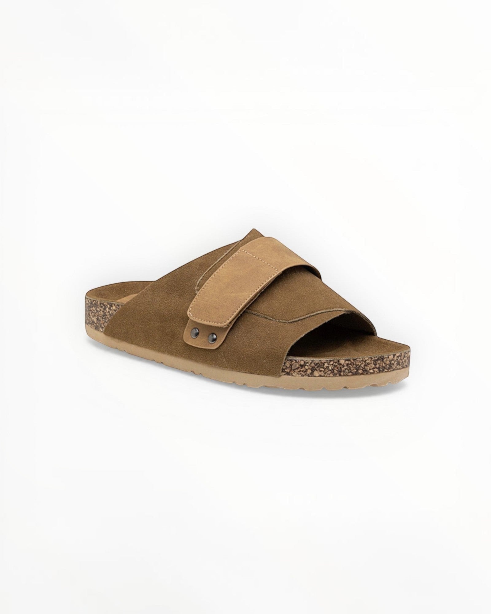 BROCK Sandales en suédine marron avec bride réglable et semelle en liège. Style minimaliste.