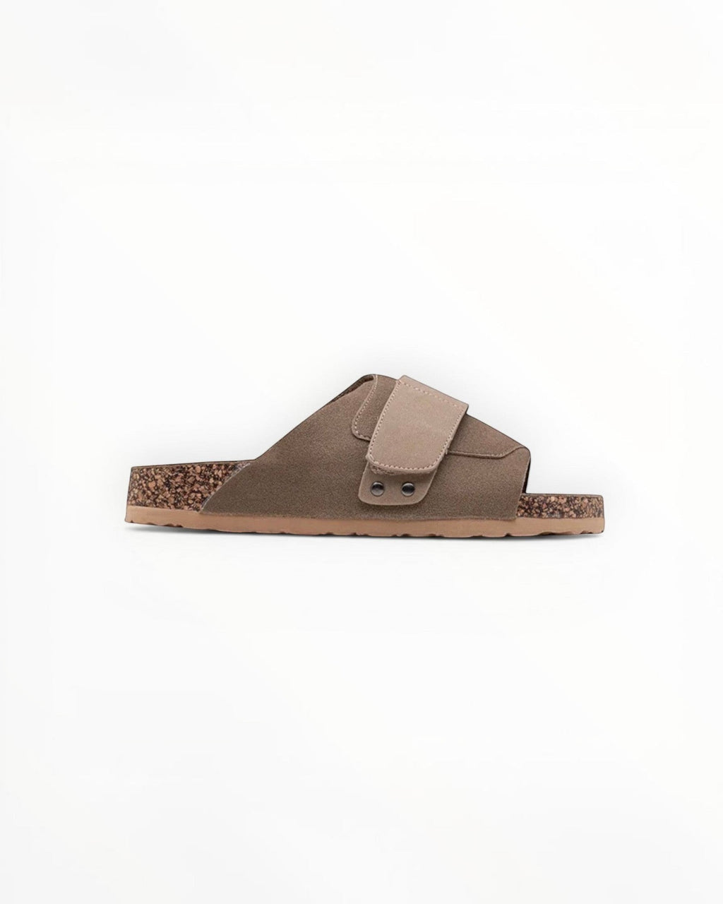 BROCK Sandales en suédine marron à bride réglable et semelle en liège, style minimaliste.
