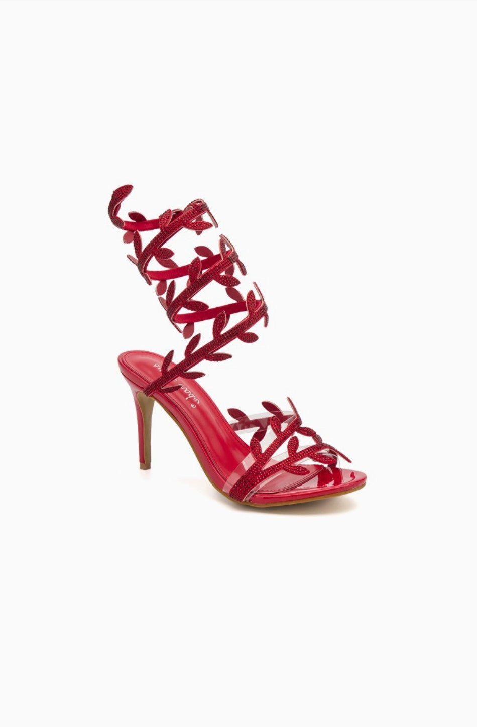 BROCK Sandales rouges à talon aiguille, lanières montantes ornées de feuilles à strass. Style glamour pour soirée.