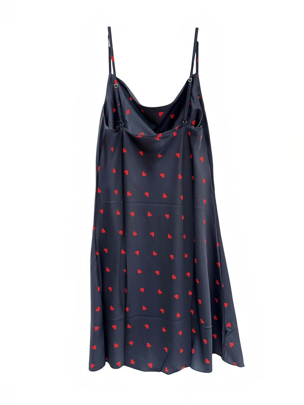 BROCK satin nightgown in black with red heart print, featuring a cowl neckline and adjustable spaghetti straps.