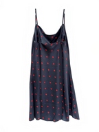 BROCK satin nightgown in black with red heart print, featuring a cowl neckline and adjustable spaghetti straps.