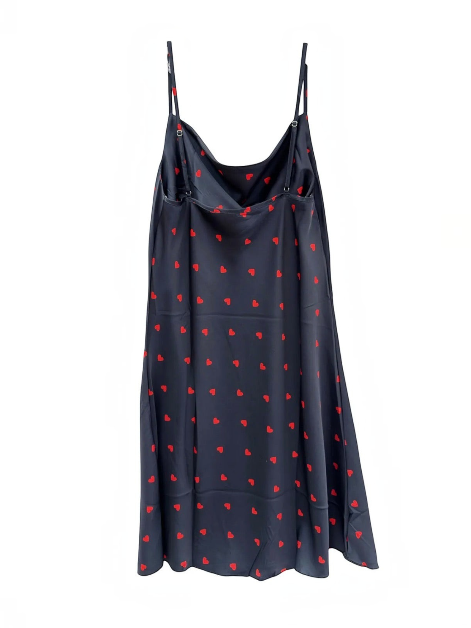 BROCK satin nightgown in black with red heart print, featuring a cowl neckline and adjustable spaghetti straps.