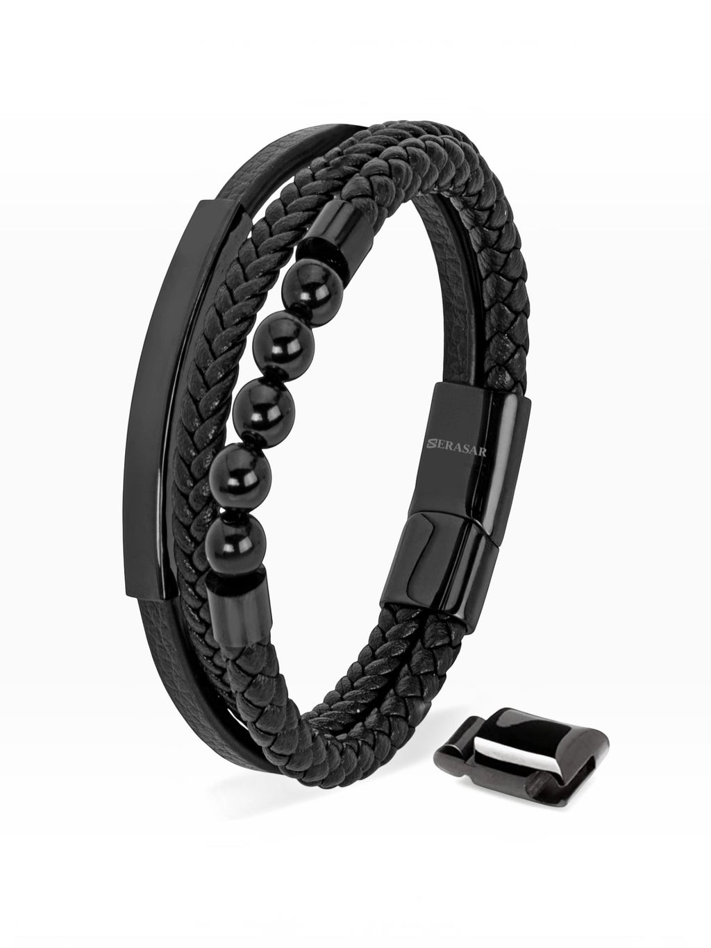 BROCK SERASAR black leather multi-strand bracelet with braided texture, smooth beads, and magnetic stainless clasp.