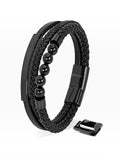 BROCK SERASAR black leather multi-strand bracelet with braided texture, smooth beads, and magnetic stainless clasp.