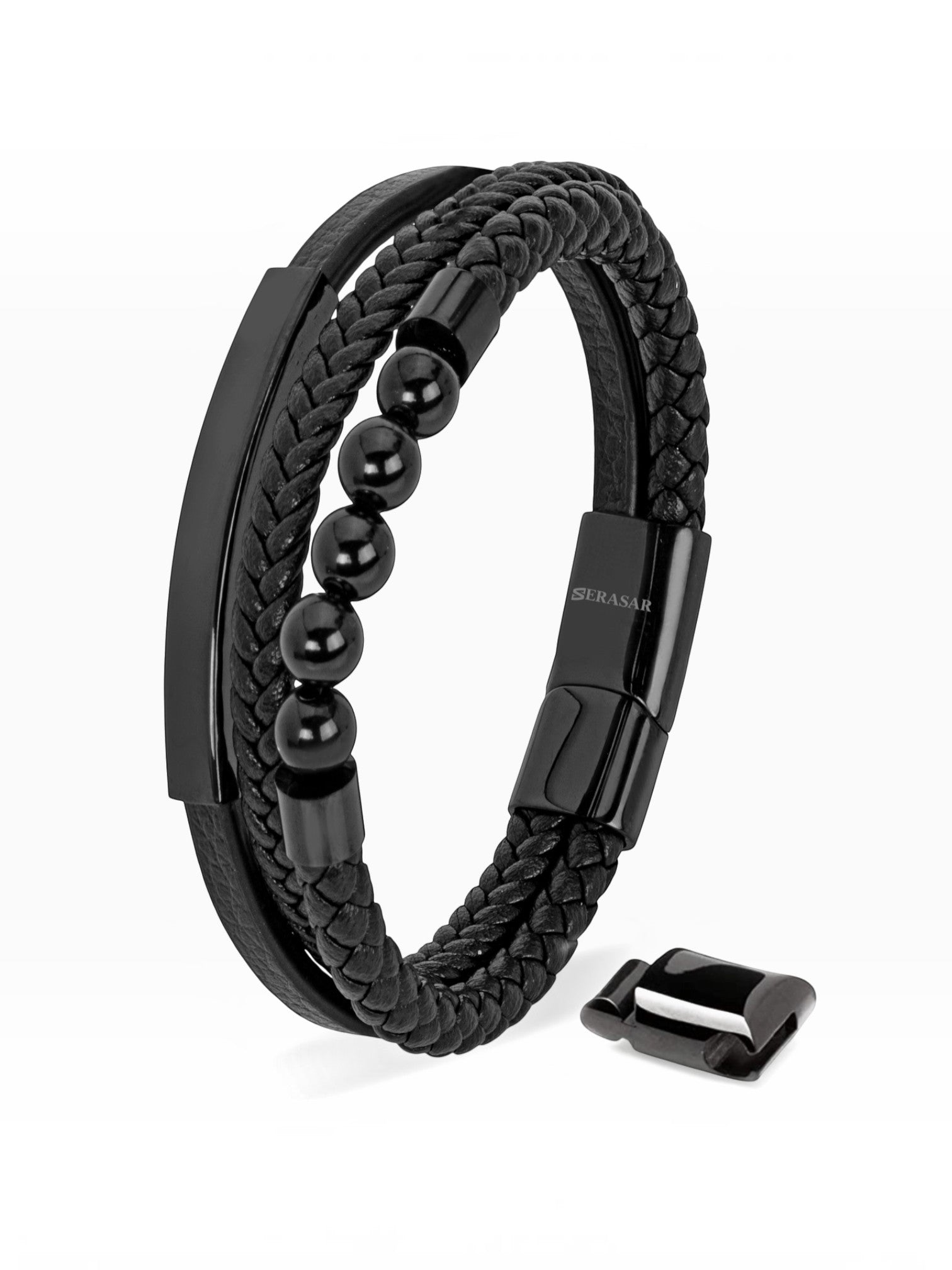 BROCK SERASAR black leather multi-strand bracelet with braided texture, smooth beads, and magnetic stainless clasp.