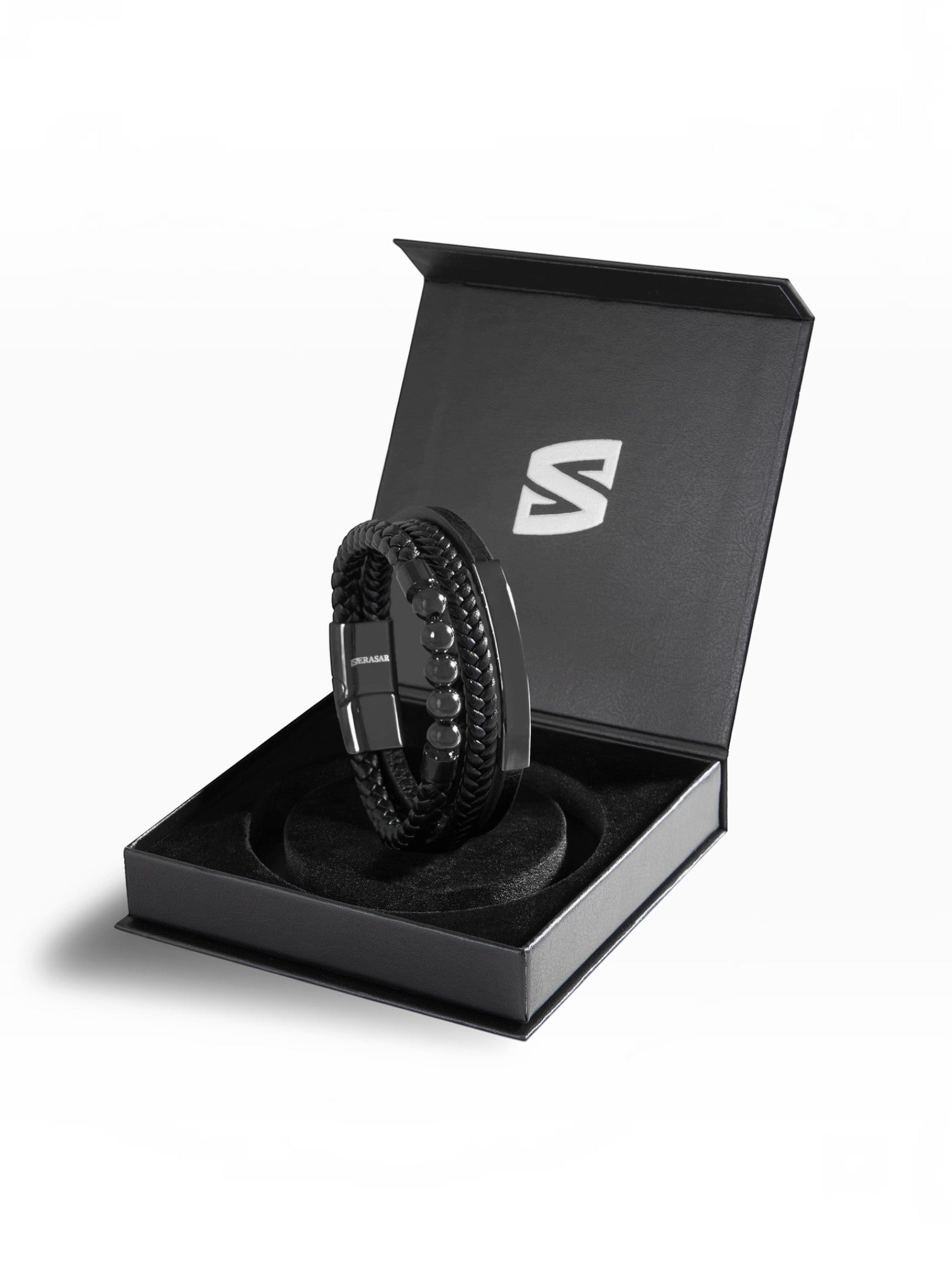 BROCK SERASAR black leather multi-strand bracelet with stainless steel magnetic clasp in a branded gift box
