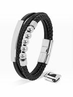 BROCK SERASAR black braided leather bracelet with silver beads and stainless steel magnetic clasp